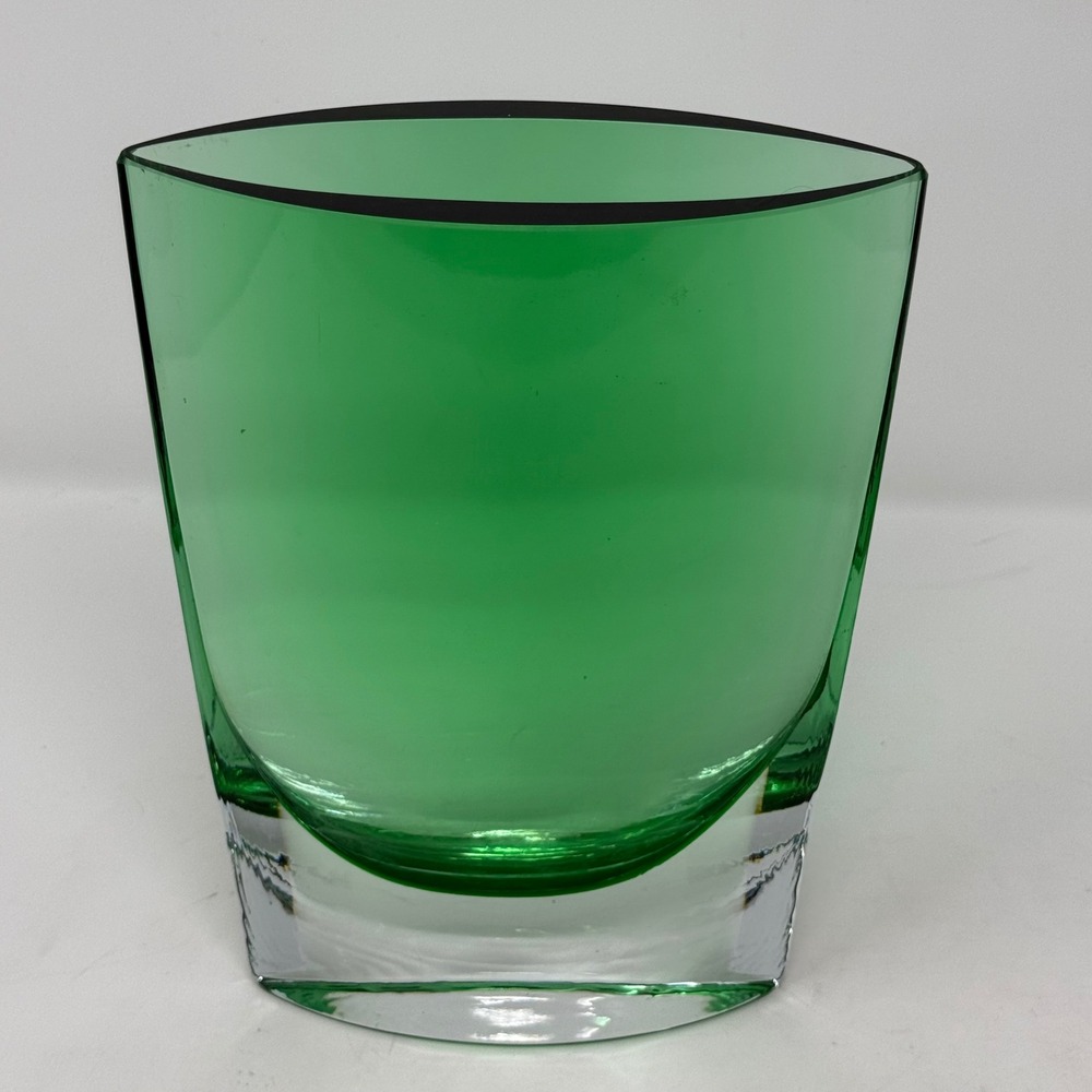 Emerald Green Glass Vase Heavy Clear Base 8.5in MCM Tapered Oval Art Glass